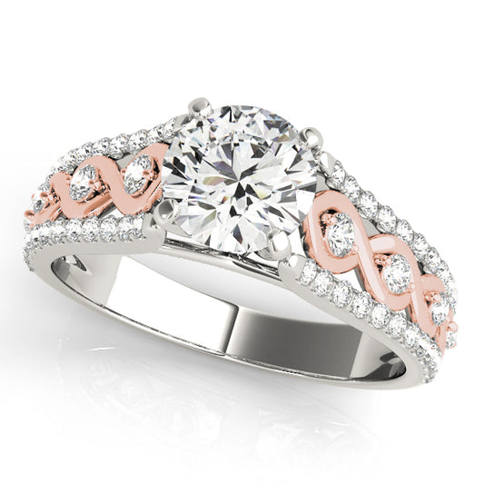 Two-tone engagement ring with 1CT Round Lab Diamond, infinity band and 56 sparkling pavé diamonds crafted in 14K White and Rose Gold