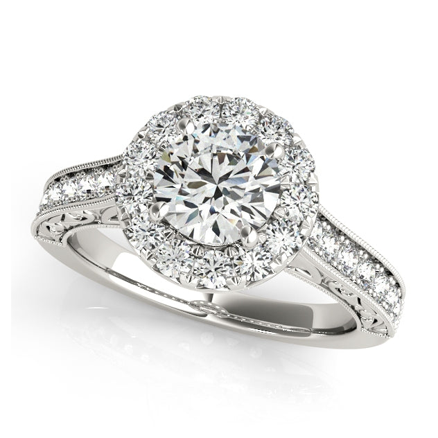 Vintage-inspired halo engagement ring with 1CT Round Lab Diamond, 30 side diamonds, filigree engraving crafted in 14K White Gold