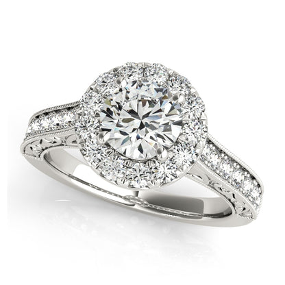 Vintage-inspired halo engagement ring with 1CT Round Lab Diamond, 30 side diamonds, filigree engraving crafted in 14K White Gold