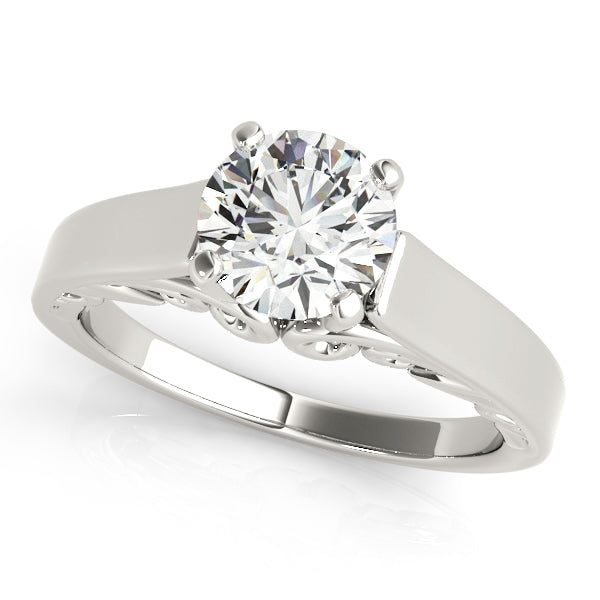 Cathedral engagement ring with 1CT Round Lab Diamond, scrollwork gallery, vintage halo accents crafted in elegant 14K White Gold