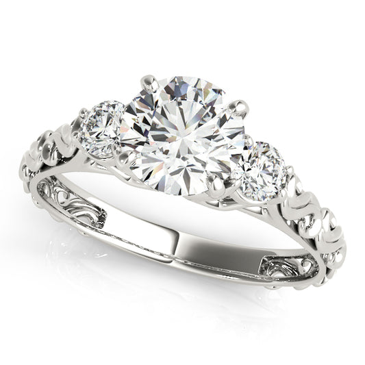 White gold three-stone engagement ring featuring 1CT Round Lab Diamond with vine-like side details crafted in 14K White Gold