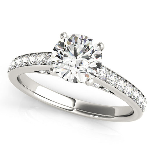 White gold cathedral engagement ring with 1CT Round Lab Diamond and 23 side diamonds crafted in elegant 14K White Gold
