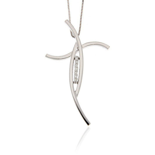 18K white gold modern cross pendant with curved design and channel-set round diamonds from Italy