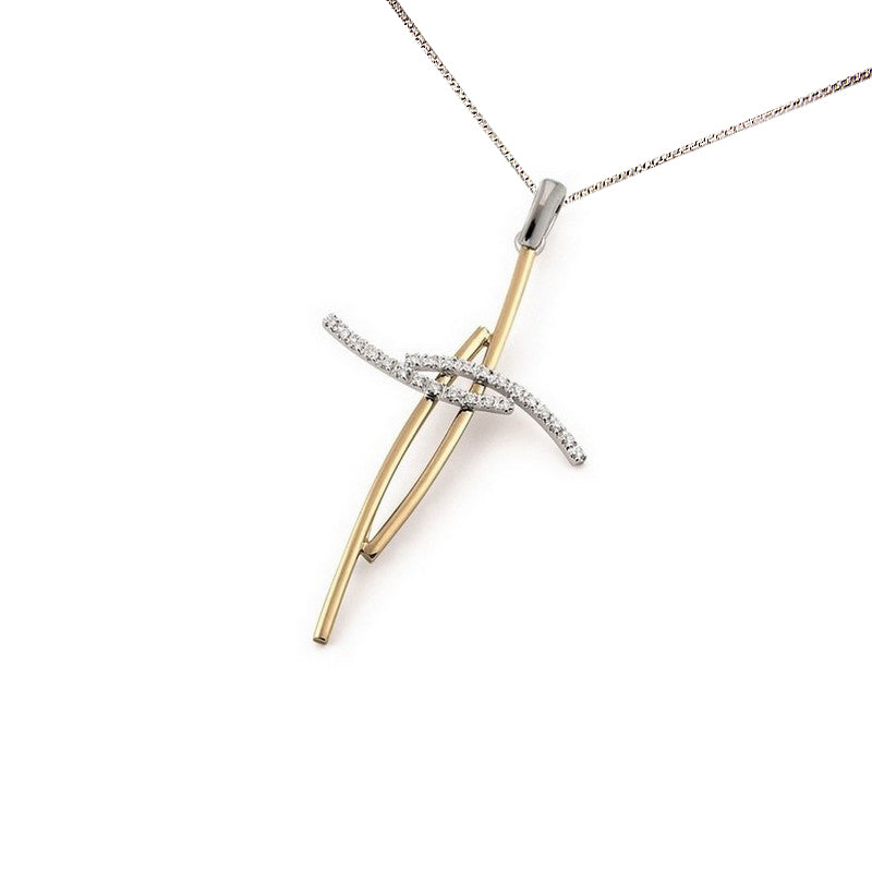 18K Two tone white and yellow gold diamond cross pendant with curved double bar design and natural round diamonds