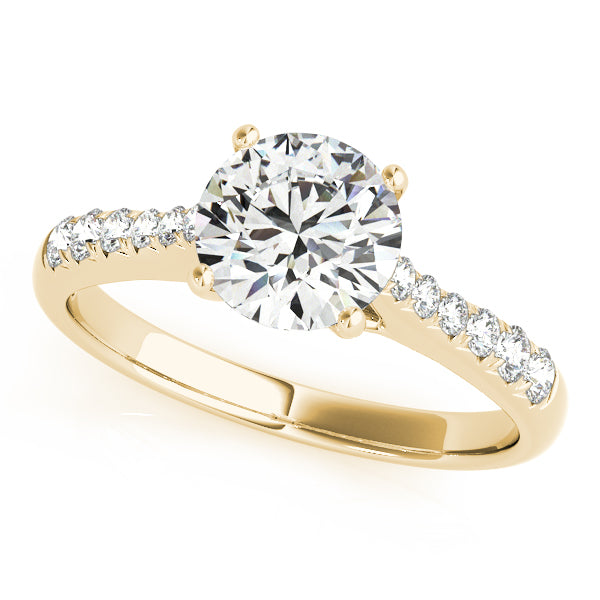 Cathedral halo engagement ring in 14K Yellow Gold with 1CT round Lab Diamond, 12 side diamonds, and tapered band