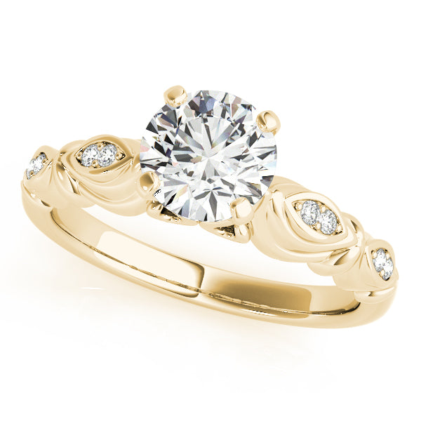 Halo solitaire engagement ring in 14K Yellow Gold with 1CT round Lab Diamond, marquise diamond clusters, and petal details