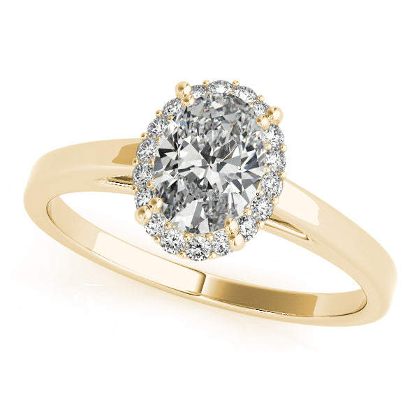 Oval-cut engagement ring in 14K Yellow Gold with 1CT Lab Diamond (VS1/F color), halo, and cathedral gallery