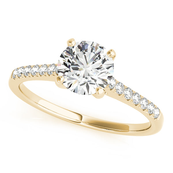 Solitaire engagement ring in 14K Yellow Gold with 1CT round Lab Diamond, 14 pavé side diamonds, and tapered sleek band