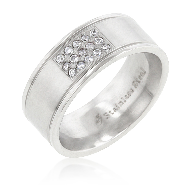 Contemporary Stainless Steel Pave 15-Stone Men's Ring