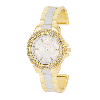 Gold Metal Cuff Watch With Crystals - White