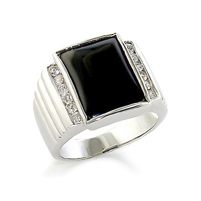 Silver Tone Square Mens Ring Black Synthetic Onyx