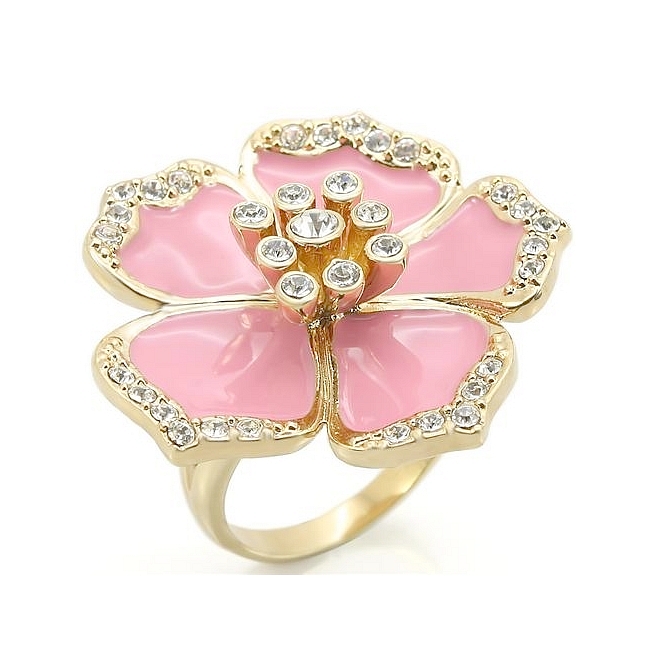 14K Yellow Gold Plated Pink Flower Fashion Ring
