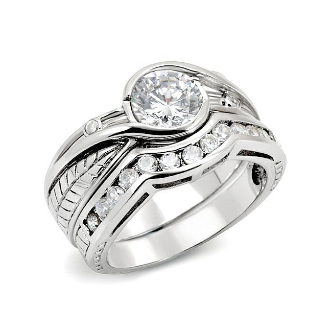 Silver Tone Modern Engagement Wedding Ring Set Clear CZ