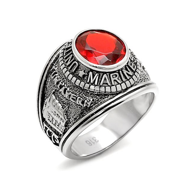 Petite Silver Tone Marines / Military Mens Ring Siam Synthetic Glass