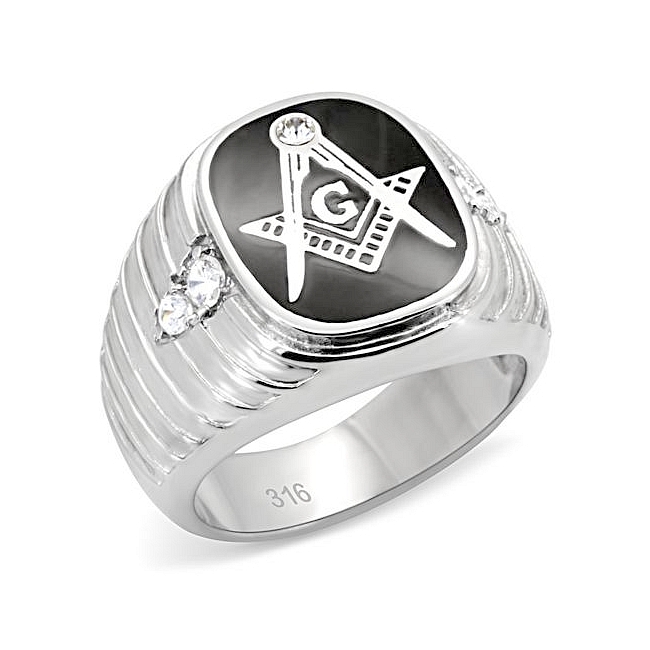 Classic Silver Tone Masonic Fashion Ring Clear Crystal