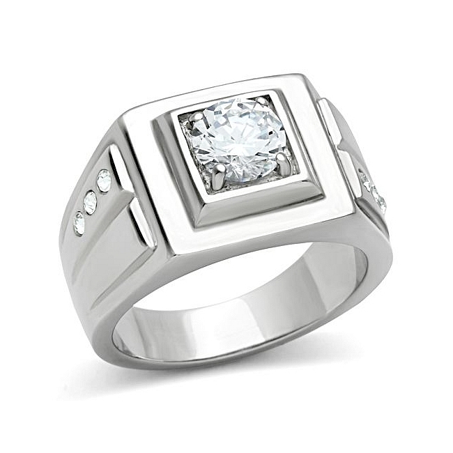 Elegant Silver Tone Square Mens Ring Clear CZ