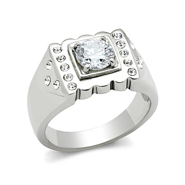 Silver Tone Square Mens Ring Clear CZ