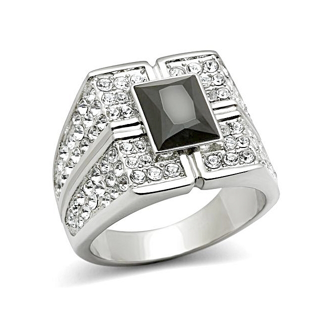 Silver Tone Square Mens Ring Black Synthetic Glass