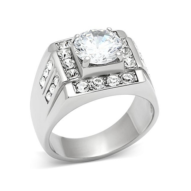 Exclusive Silver Tone Square Mens Ring Clear Cubic Zirconia