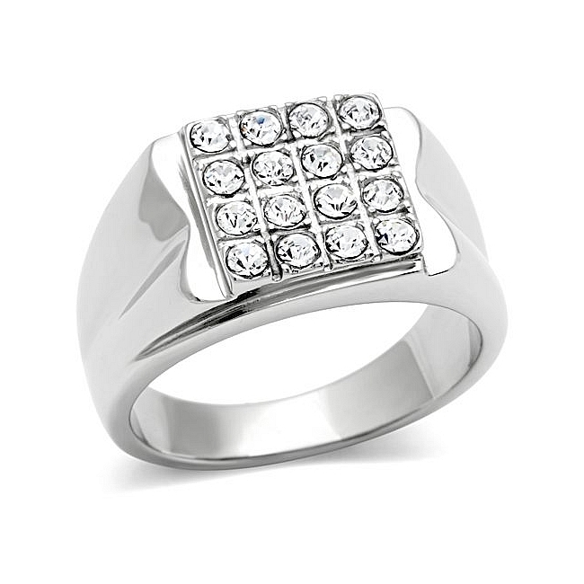 Fancy Silver Tone Square Mens Ring Clear Top Grade Crystal