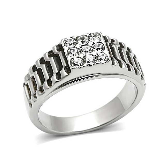 Exquisite Silver Tone Mens Ring Clear Top Grade Crystal
