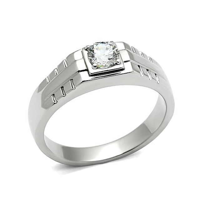Silver Tone Band Mens Ring Clear CZ