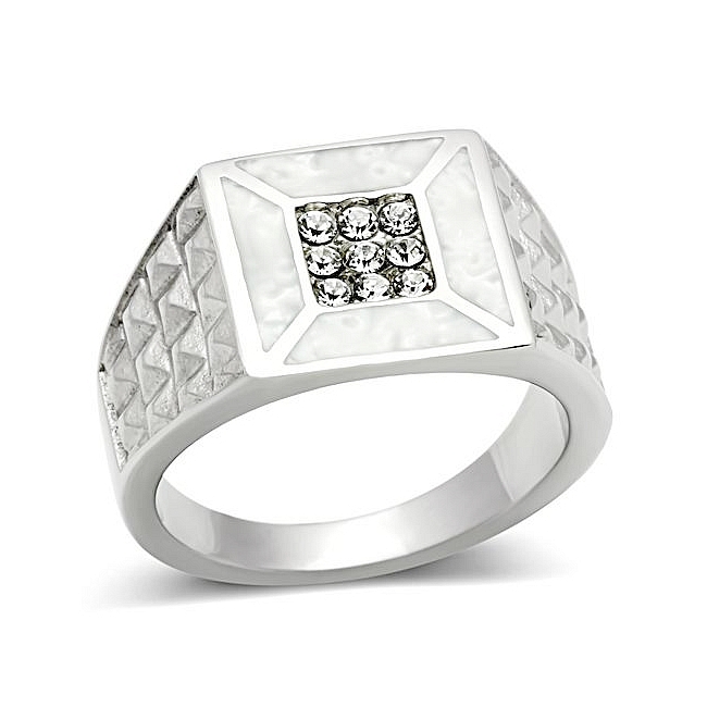 Silver Tone Square Mens Ring Clear Top Grade Crystal