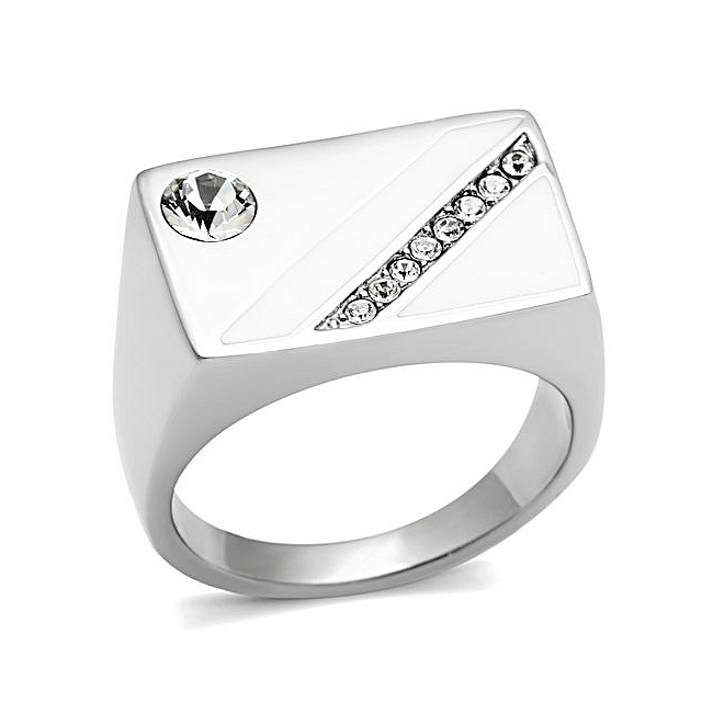 Classic Silver Tone Square Mens Ring Clear Crystal