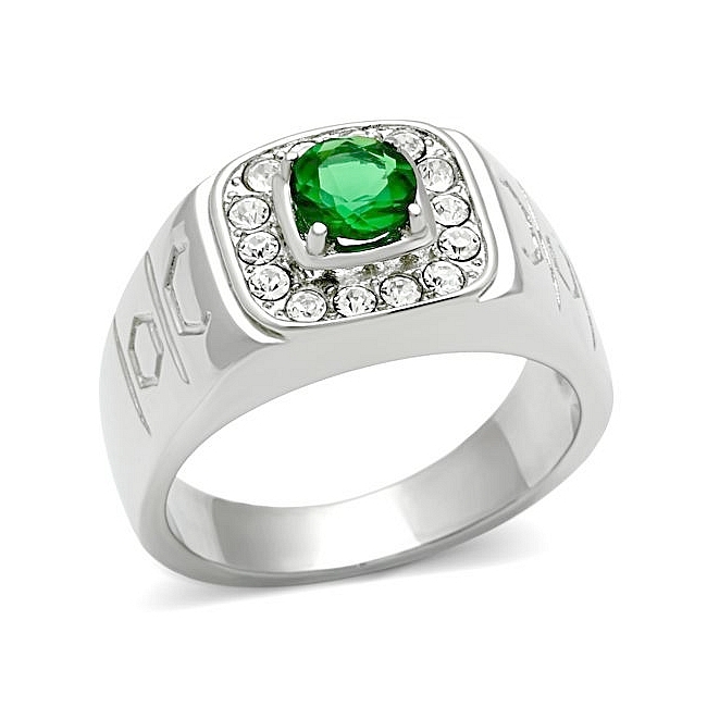 Silver Tone Square Mens Ring Emerald Synthetic Glass