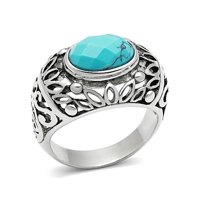 Silver Tone Mens Ring Aqua Synthetic Turquoise