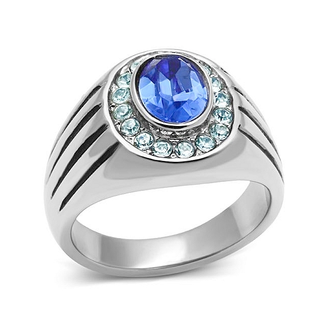 Silver Tone Mens Ring Sapphire Crystal