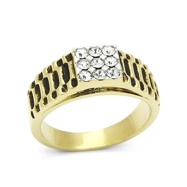 14K Two Tone Plated Mens Ring Clear Crystal