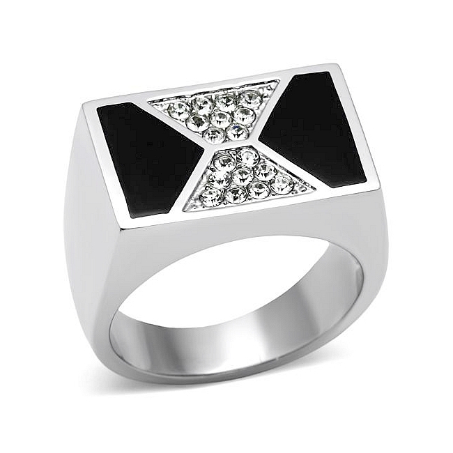 Silver Tone Square Mens Ring Clear Crystal