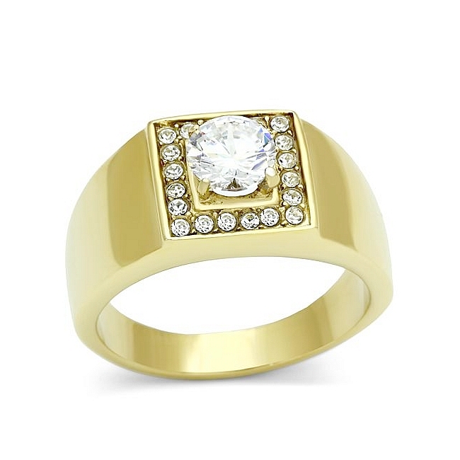 Exquisite 14K Gold Plated Square Mens Ring Clear CZ