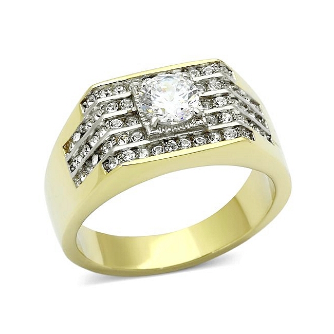 Classy 14K Two Tone Plated Square Mens Ring Clear CZ