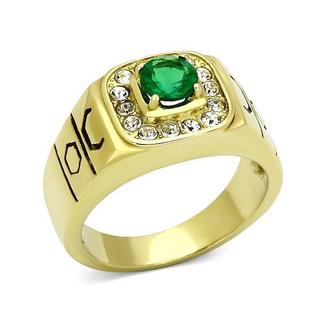 Lovely 14K Gold Plated Mens Ring Emerald Synthetic Glass