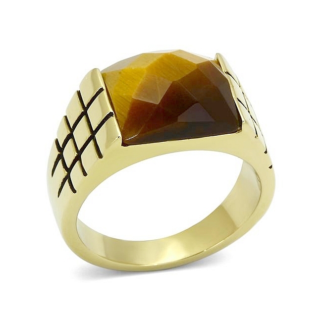 Petite 14K Gold Plated Square Mens Ring Topaz Synthetic Tiger Eye