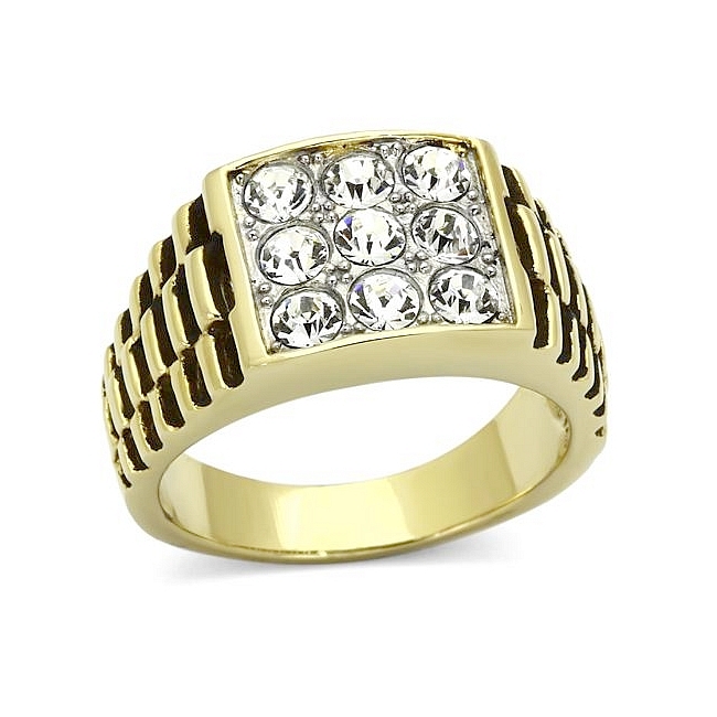 Classic 14K Two Tone Plated Square Mens Ring Clear Crystal