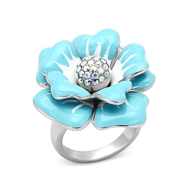 Silver Tone Flower Fashion Ring Rainbow Crystal