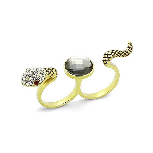 14K Gold Plated Snake Animal Fashion Ring Black Synthetic Glass