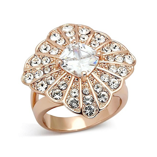 14K Rose Gold Plated Pave Fashion Ring Clear Top Grade Crystal