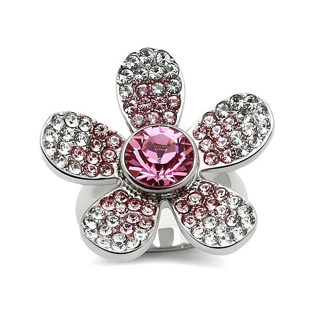 Silver Tone Flower Fashion Ring Multi Color Crystal