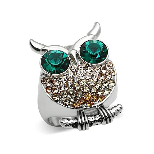 Silver Tone Owl Animal Fashion Ring Multi Color Crystal