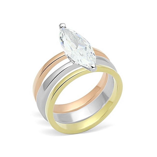 Ion Tri Tone (Gold & Rose Gold & Silver) Solitaire Engagement Wedding Ring Set Clear CZ