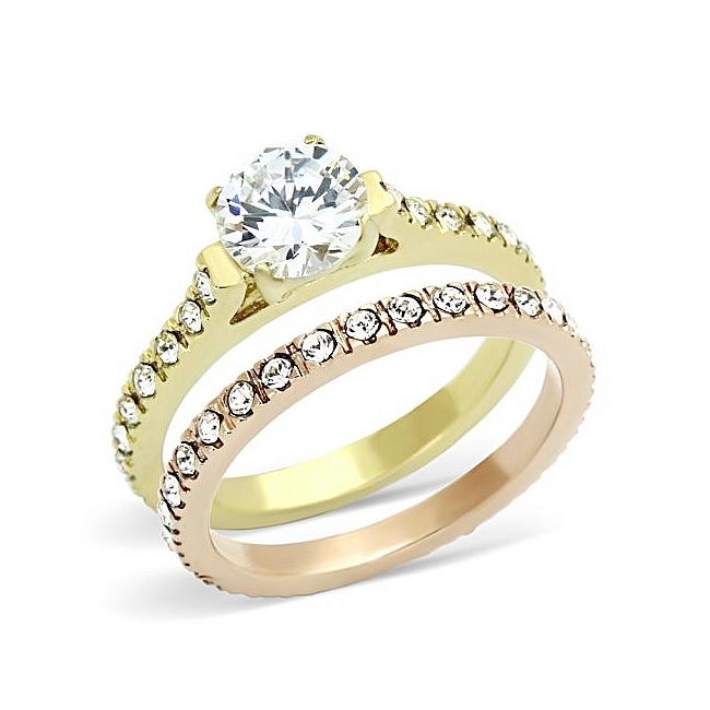 Classic Wedding Ring Set Round Cubic Zirconia Two Tone Gold Plated
