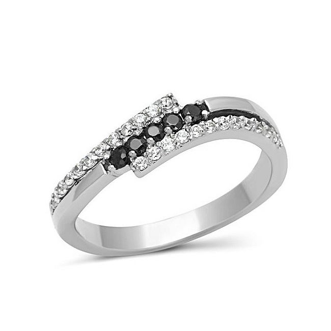 Classic Silver Tone Pave Wedding Ring Black Cubic Zirconia