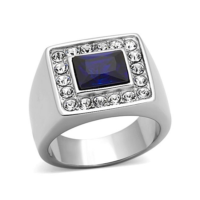 Exquisite Silver Tone Square Mens Ring Montana Synthetic Glass
