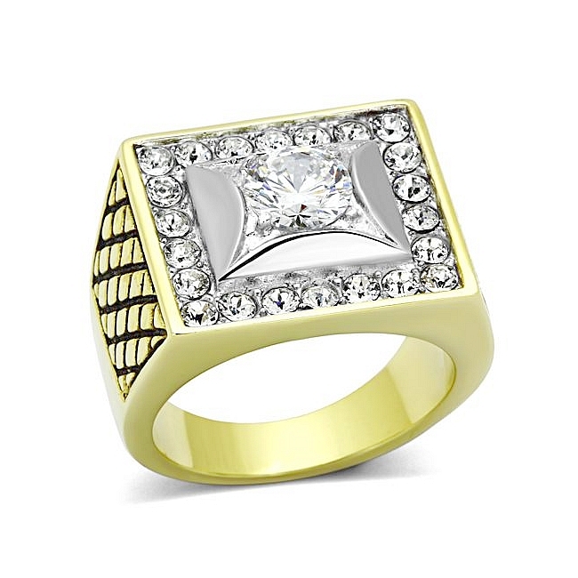 14K Two Tone ( Gold & Silver) Square Mens Ring Clear CZ