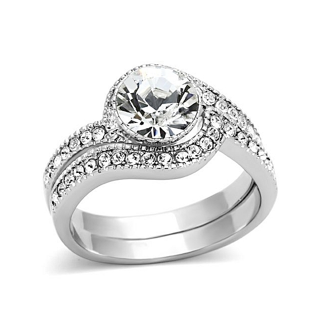 Petite Silver Tone Pave Engagement Wedding Ring Set Clear Crystal