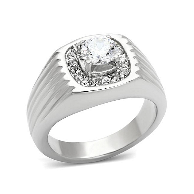 Silver Tone Mens Ring Clear CZ